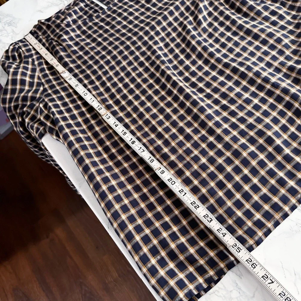 LOFT Long Sleeve Plaid Navy Blue Gold Metallic Blouse Women's Size Large